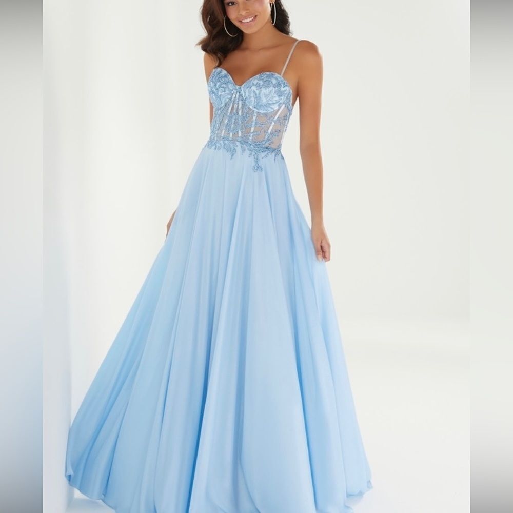 NEW Christina WU Prom light blue fairy glitter lace maxi formal gown dress 0